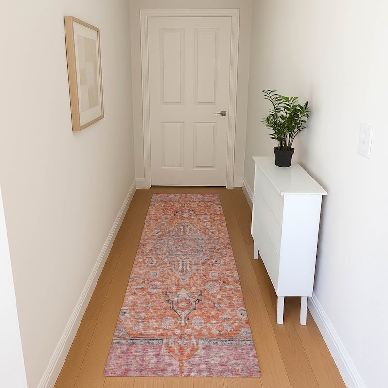 Premium Washable Super Soft Vintage Traditional Mayfield Rug - Orange - 2'3" x 7'6"