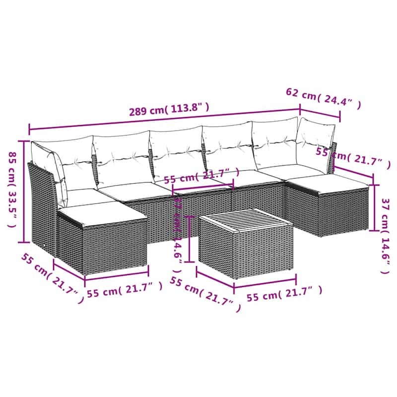 vidaXL Patio Sofa Set with Cushions Outdoor Furniture 8 Piece Poly Rattan - 24.4" x 24.4" x 27.2"
