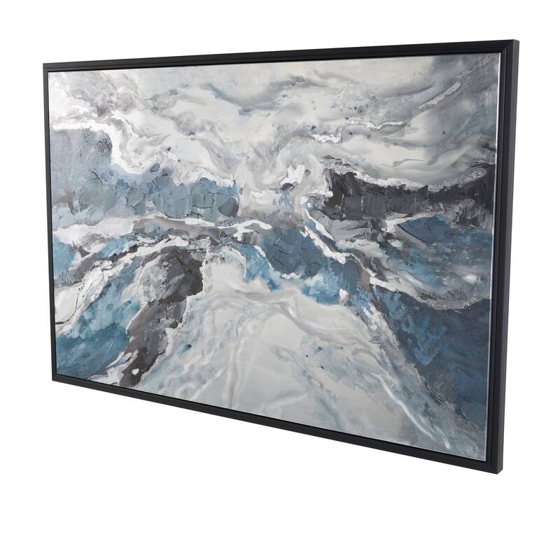 Canvas Abstract Living Room Framed Wall Art with Silver Foil Accents and Black Frame - Blue - Roche River Decor