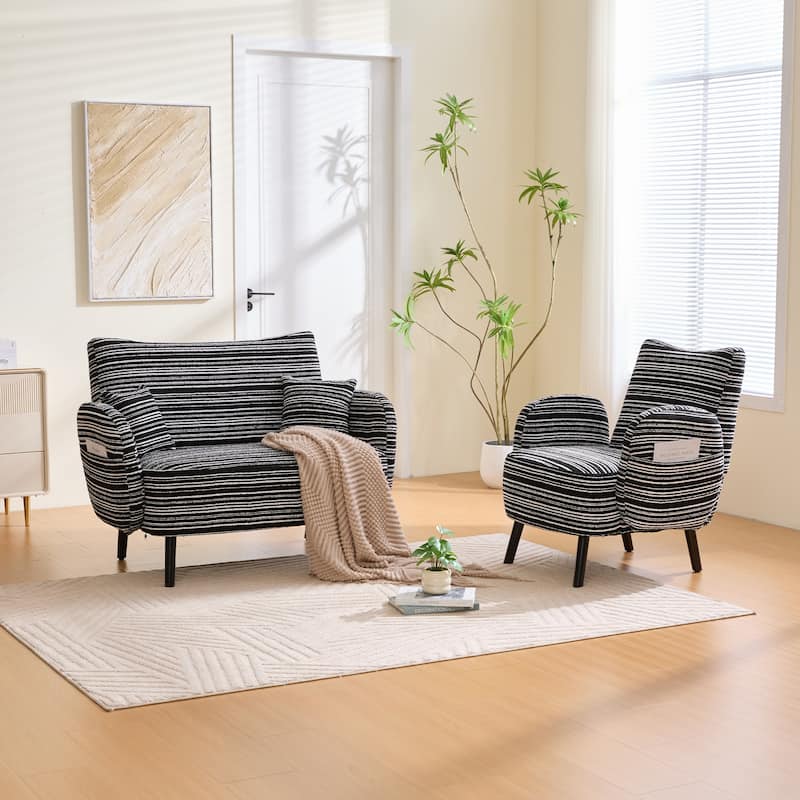 Modern 2-Seater Sofa Deep-Seated Sofa with Armrest Pillows & Side Storage Pockets, for Bedroom, Apartment, Black