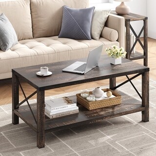2-Tier Farmhouse Coffee Table with Shelf and X Metal Frame - Bed Bath ...