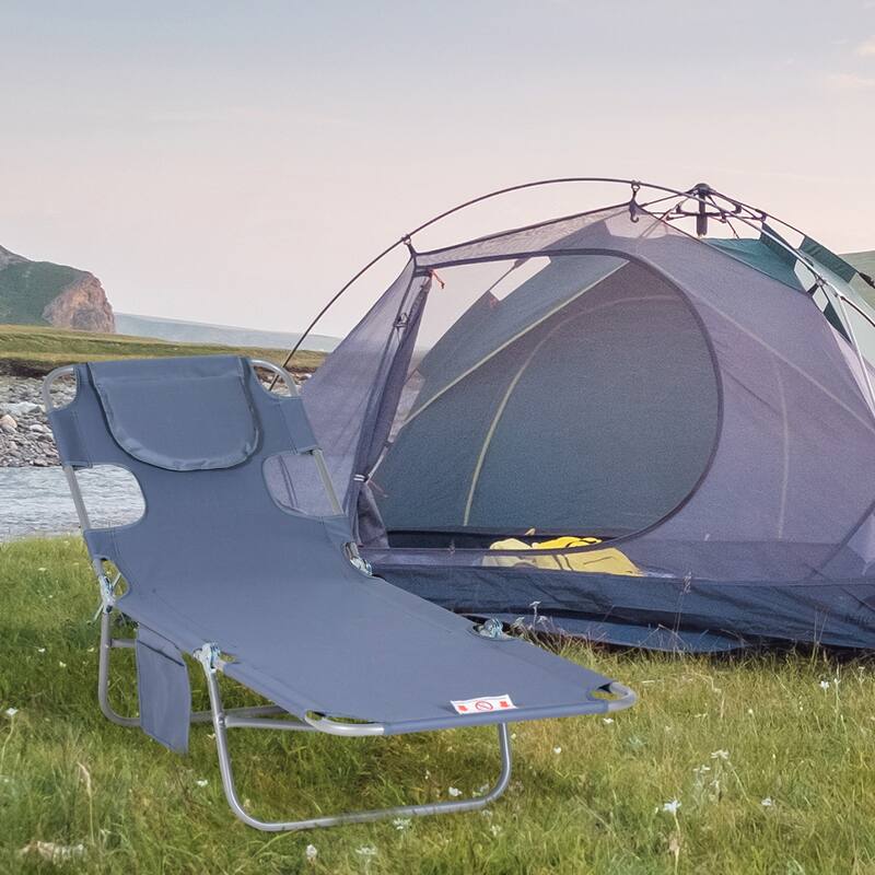 Folding sun loungers with face holes, arm slots and side pockets