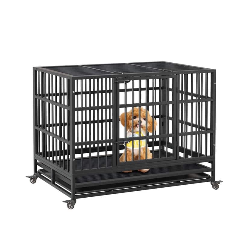 Heavy Duty Dog Crate withDouble Door Wheels ChewProof Metal Kennel for Small Dogs Easy to Assemble