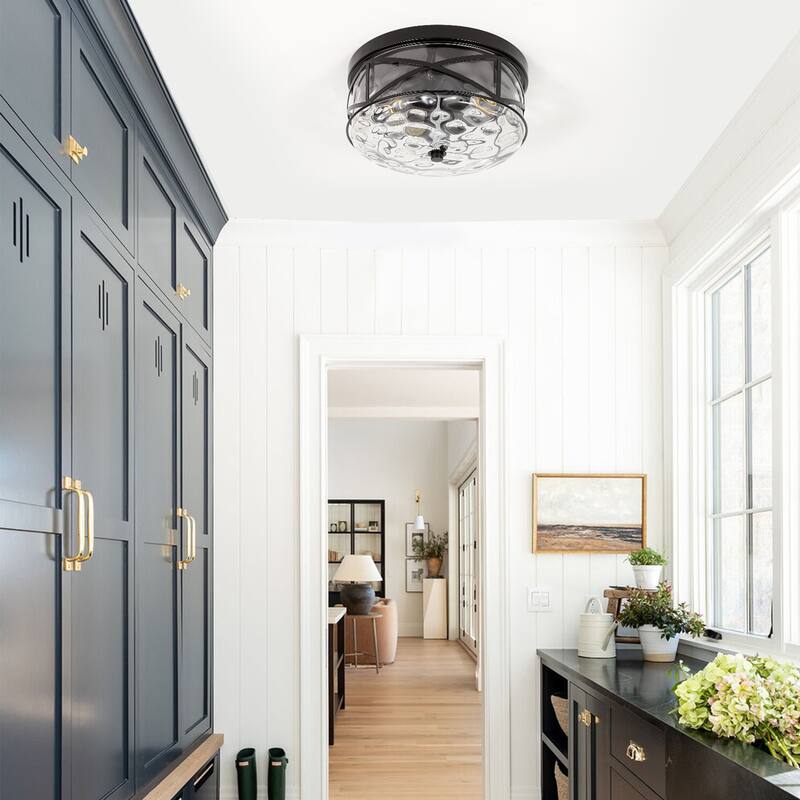 2-Light Flush Mount Glass Ceiling Light with Metal Frame - N/A