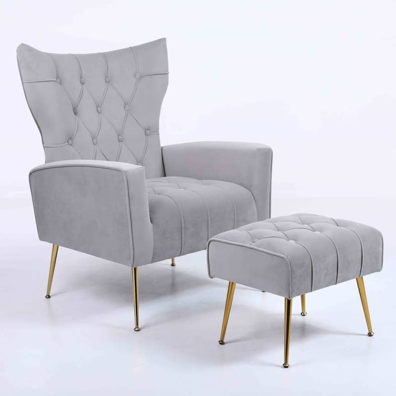 Modern Upholstered Accent Chair with Ottoman and Metal Legs for Living Space