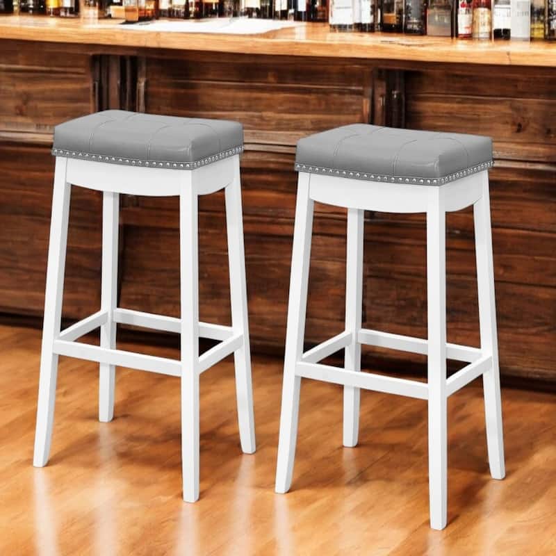Set of 2 Saddle Bar Stools Backless Counter Height with Neil head Faux Leather Seat and Footrest