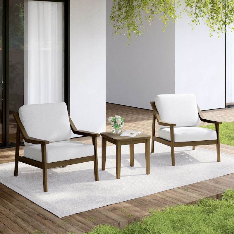 Outdoor Wood Cushioned Patio Set of 2 Accent Chair with Side Table - Natural Wood - Beige