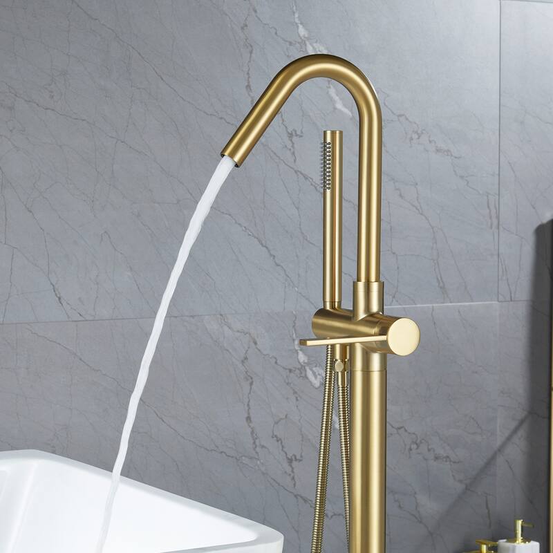 45"H Solid Brass Single Handle Floor Mounted Freestanding Tub Filler with Handheld Shower