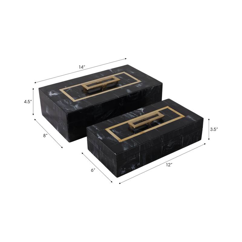 Resin Wood Decorative Storage Boxes (Set of 2) - 5" & 4" Black, Gold - 14" x 8" x 4.5"