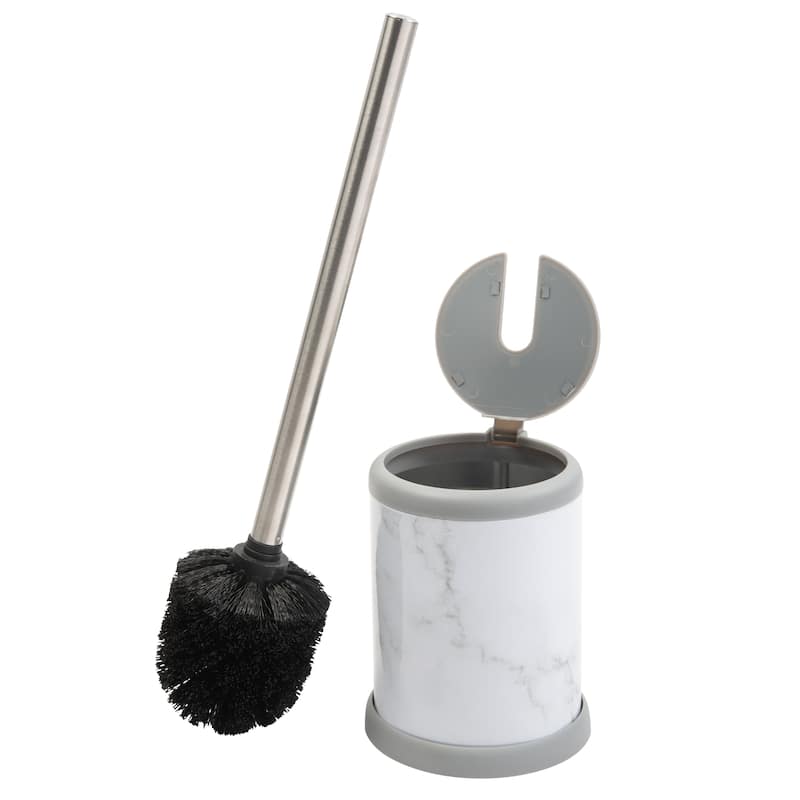Bath Bliss Self Closing Lid Toilet Brush and Holder in Stainless Steel - 4.5" Rd  x 14.75" - Marble