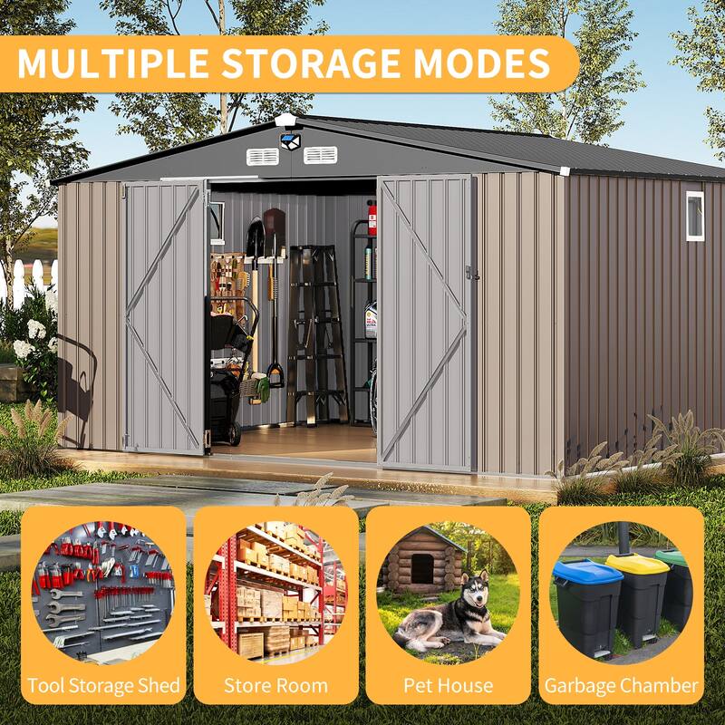 10x12FT Outdoor Metal Storage Shed with Lockable Door, Vents, Windows & Solar Light