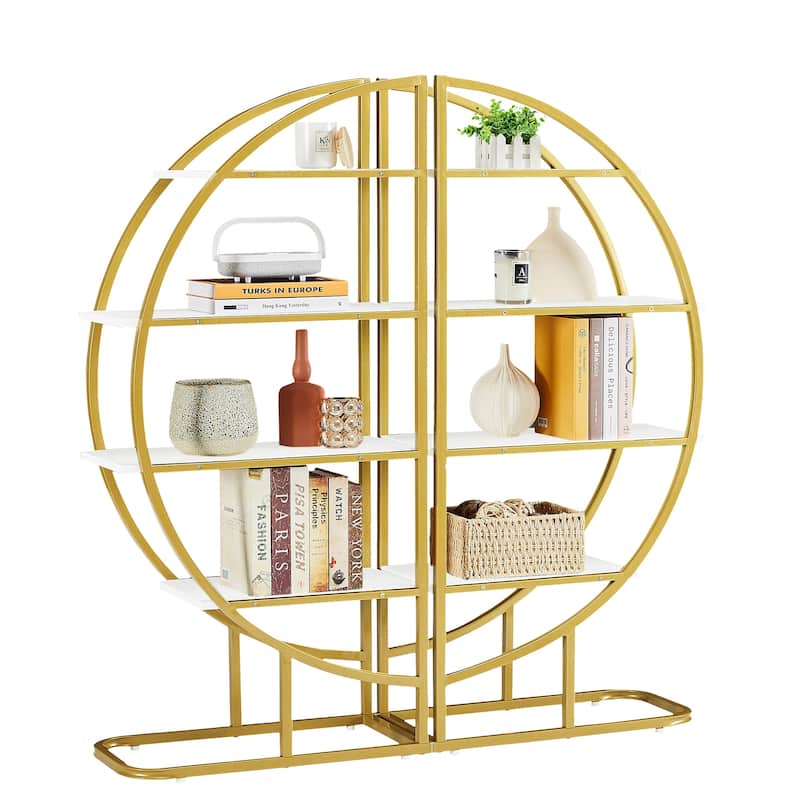 Roomfitters 4-Tier Round Bookshelf for Home Office, Open Shelf with Gold Frame and MDF Board, Multiple Placements, Golden+White