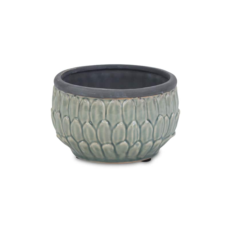 Blue Ceramic Round Pot with an Overlapping Leaf Pattern