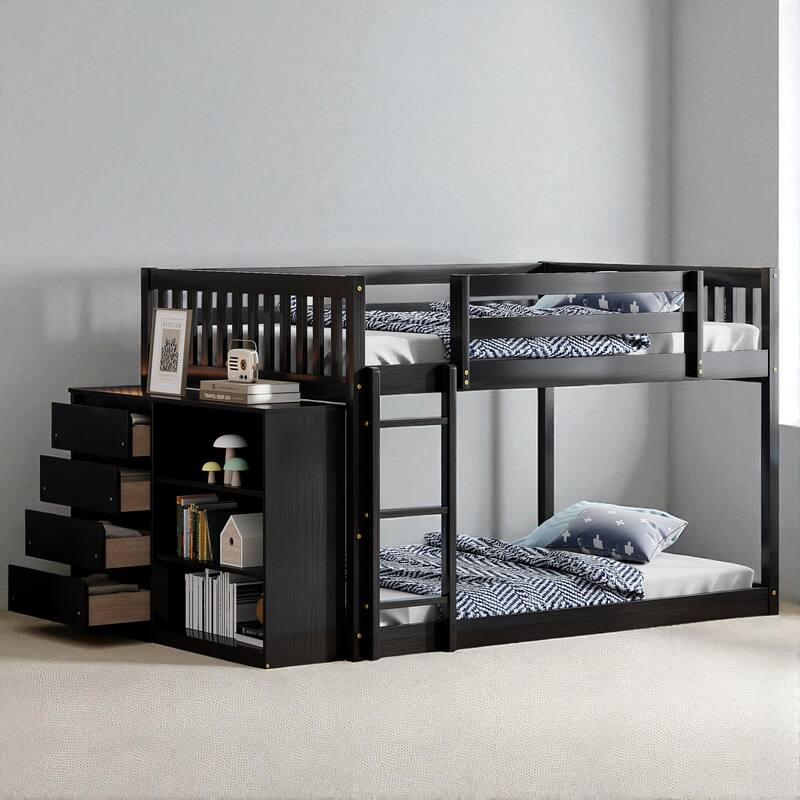 Twin over Twin or Full over Full Bunk Bed with Storage Drawers, Shelves, and Reversible Ladder - Espresso - Full