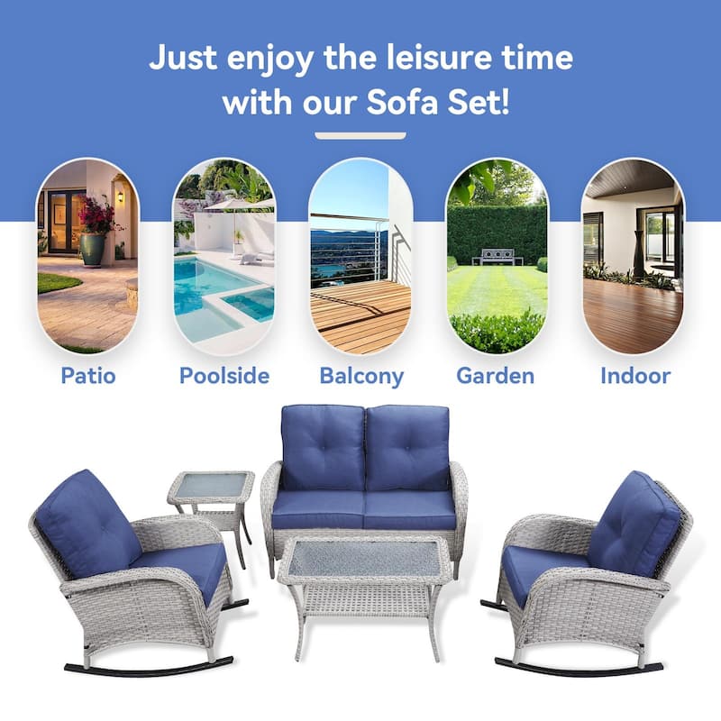Gymojoy Outdoor Loveseat Sofa Coffee Table Rocking Chair SIde Table Set