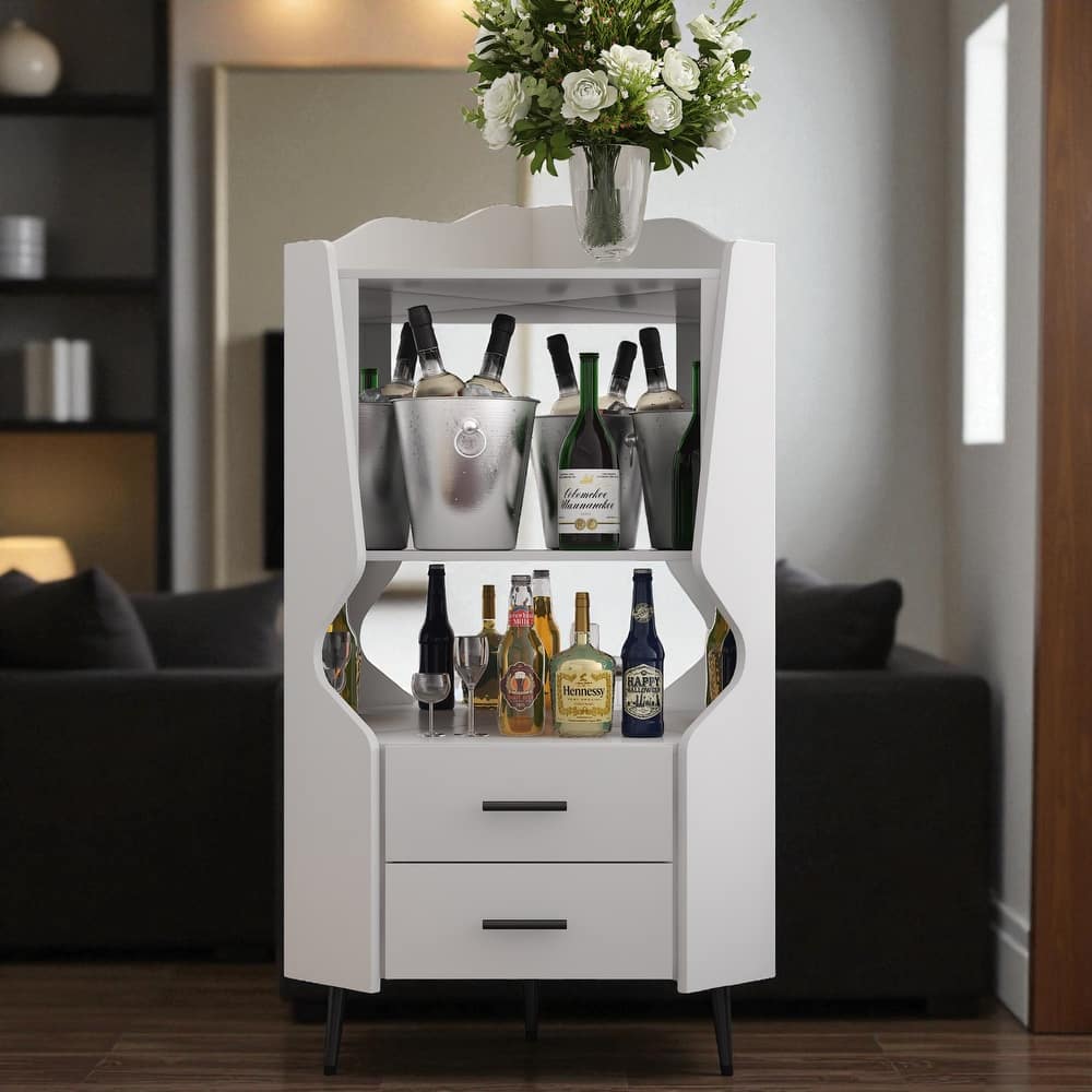 Modern Wooden Corner Bar Cabinet with Mirrored Back, 2 Drawers and Open Shelves, Buffet Sideboard for Dining or Living Room
