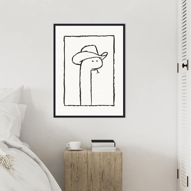 Squiggles the Snake In a Stetson by Anyone Can Yeehaw Framed Canvas Wall Art Print - Sylvie Beaded Black