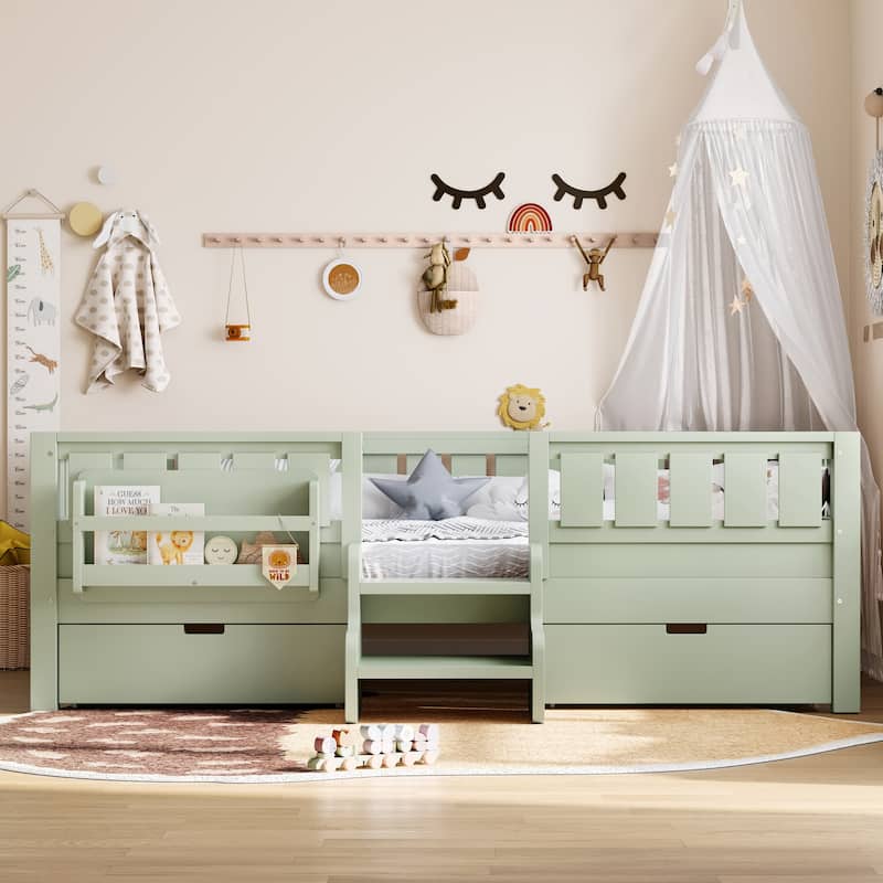 Multiple Colors Toddler Montessori Bed Children's Platform Bed with Low Profile Stairs, Built-in Bookshelf and Storage Drawers