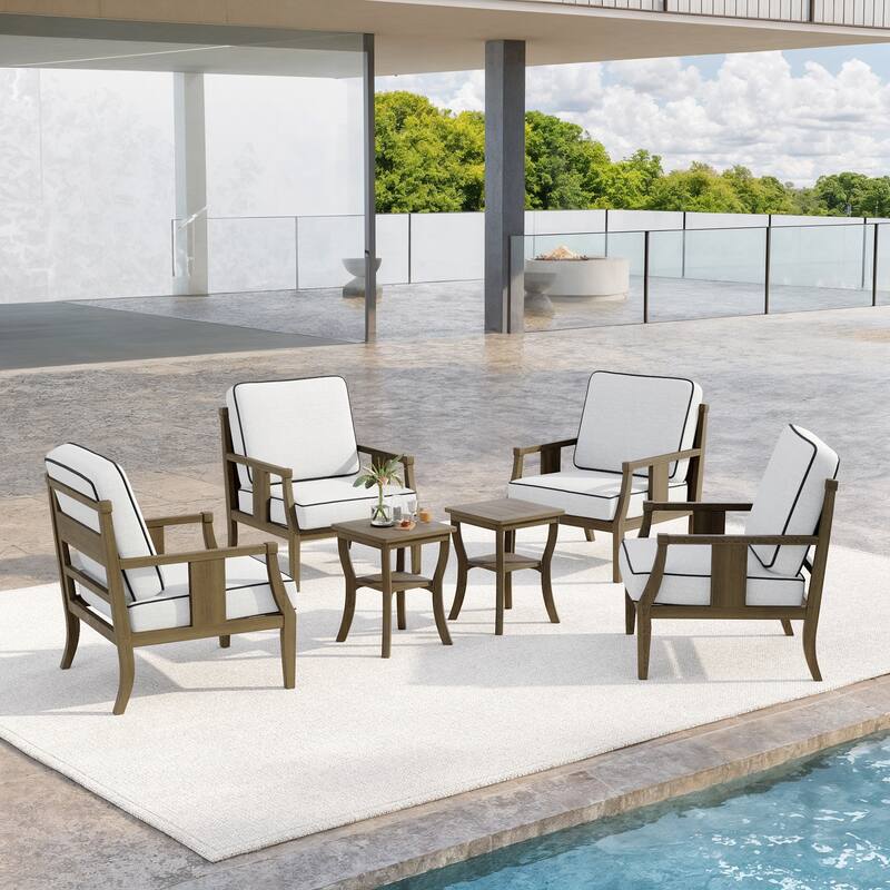 6-Piece Outdoor Teak Seating Set Armchair Patio Conversation Sets with 2 Tables, Cushion