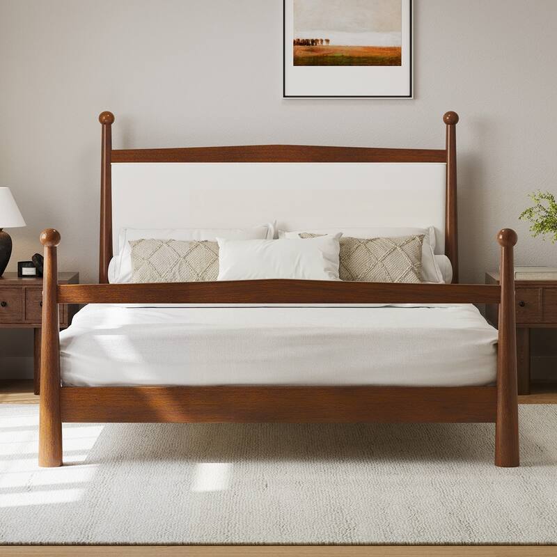 Solid Pine Wood Platform Bed with Upholstered Headboard - Brown/Boucle - Queen