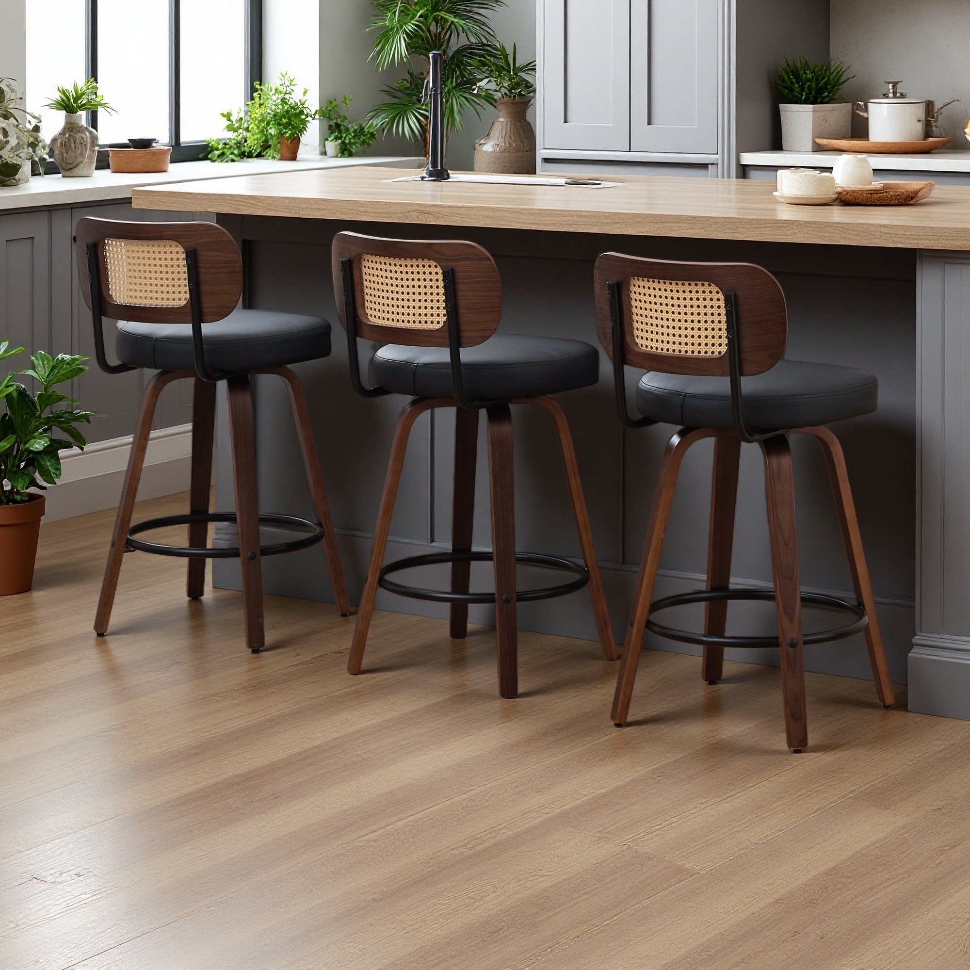 35.43"H Set of 3 Swivel Counter Height Bar Stools -Rattan Cane Back Stools with Upholstered Seat & Wood Legs, 360° Rotation