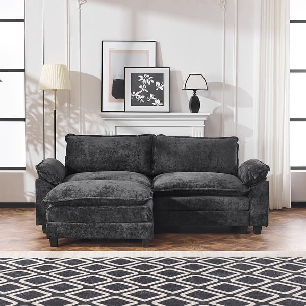 slide 2 of 4, Full KD Double Cushion Chenille Sofa with Ottoman 2-Seat 1 Ottoman - Black
