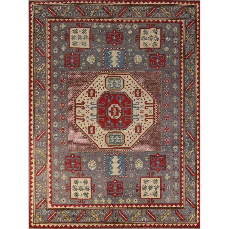 Hand Knotted Oriental 100% Wool Carpet Traditional Geometric Greys & Charcoal Kazak Area Rug - 10' 4'' X 8' 2''