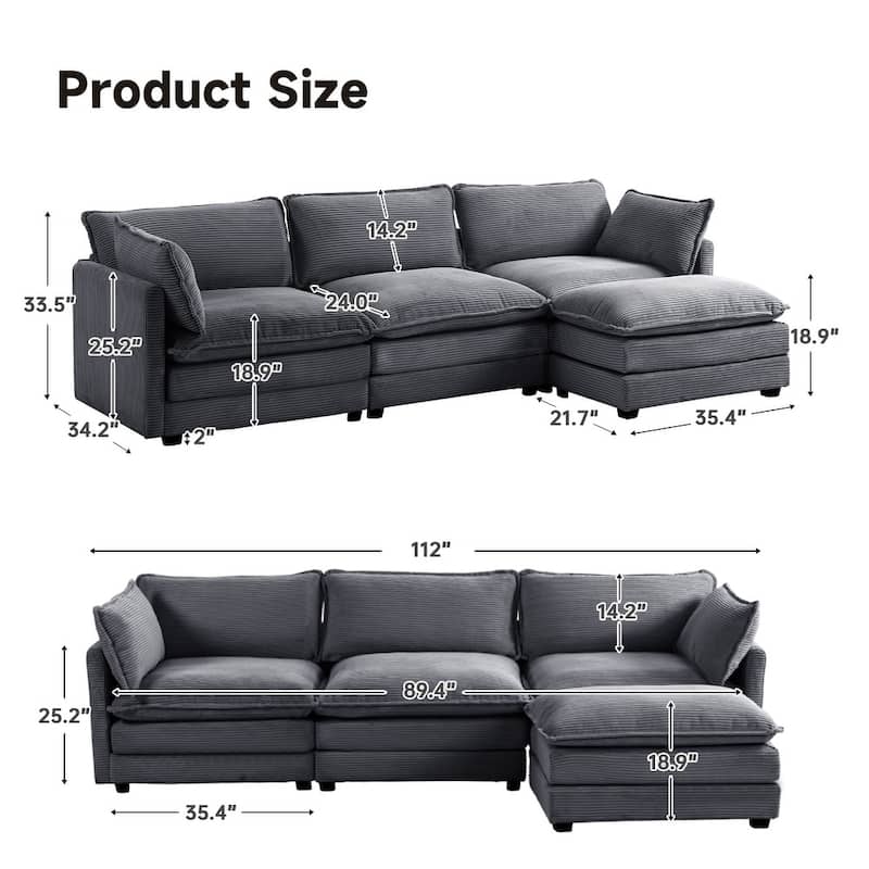 Oversized Modular Corduroy Sectional Sofa Set with Ottoman, 3-Seater / 4-Seater Deep Seat Lounge Couch for Living Room