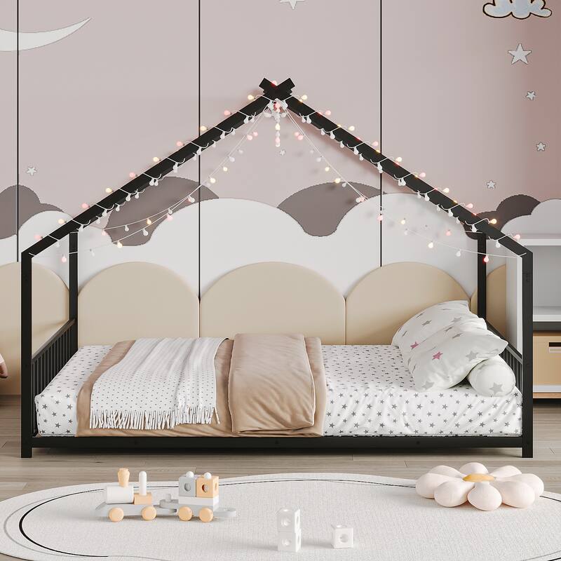 Full Size Children'S Bed Frame With Led Light Strips,Roof-Shaped Iron Frame Bed