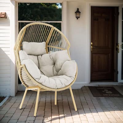 Outdoor Wicker Egg Chair with Beige Cushion - Yellow