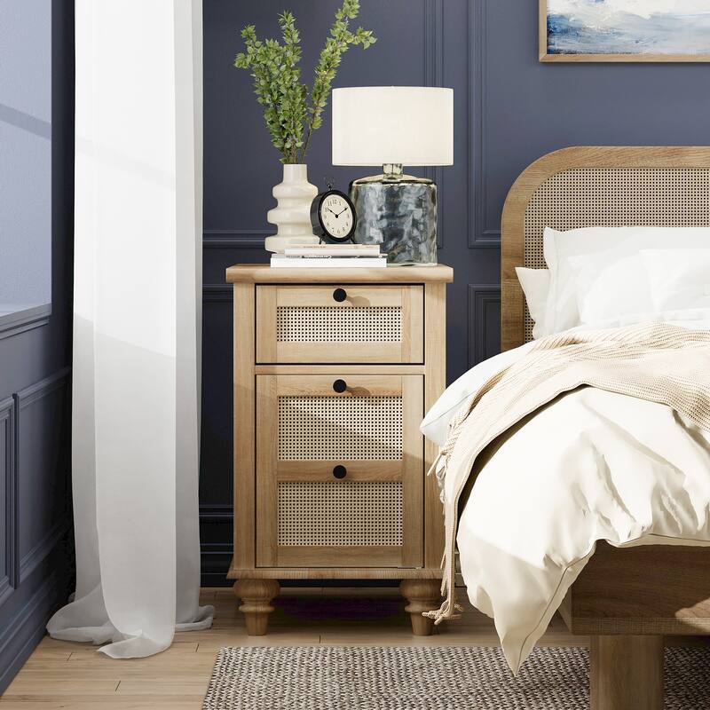 WAMPAT Farmhouse End Table with Charging Station, Wood Sofa Side Table