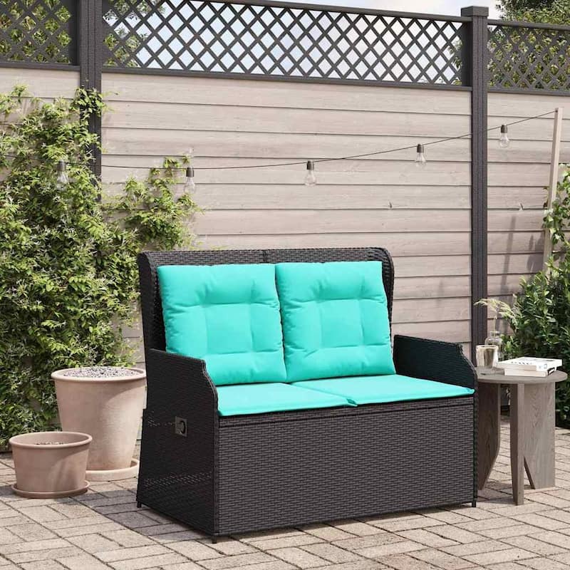 vidaXL Garden Bench with Cushion Brown Poly rattan - 26 x 43 x 37 - Black and turquoise