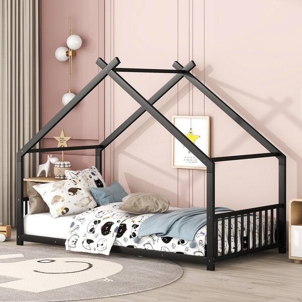 slide 2 of 9, Black Twin Size Metal House Bed with Roof, Fence, and Back Twin - Black
