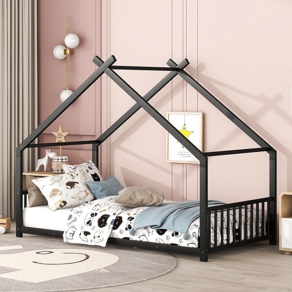 House Bed Metal Platform Bed Frame with Apex Roof Kids Bed Creativity House Bed Floor Bed for Boys Girls Toddler On Sale Bed Bath Beyond 38999465