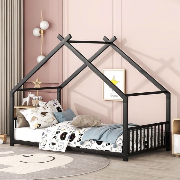 slide 2 of 9, Metal House Bed for Children Boys Girls Toddler Floor Bed House-shaped Frame Bed, Metal Slat Support Grounded Bed Black - Twin