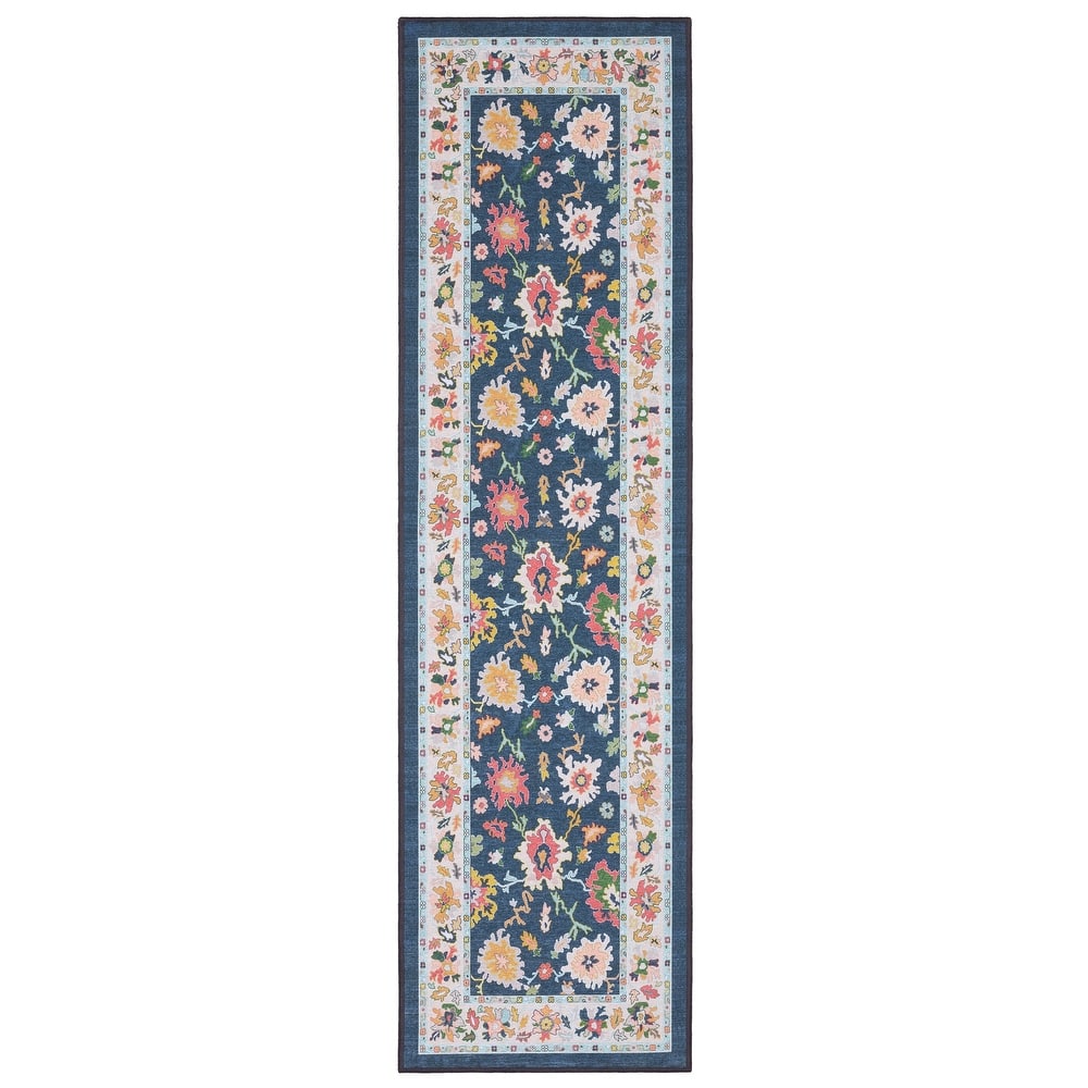 Addison Traditional Bordered Floral Blue/ Multi Printed Washable Flat Pile Rug