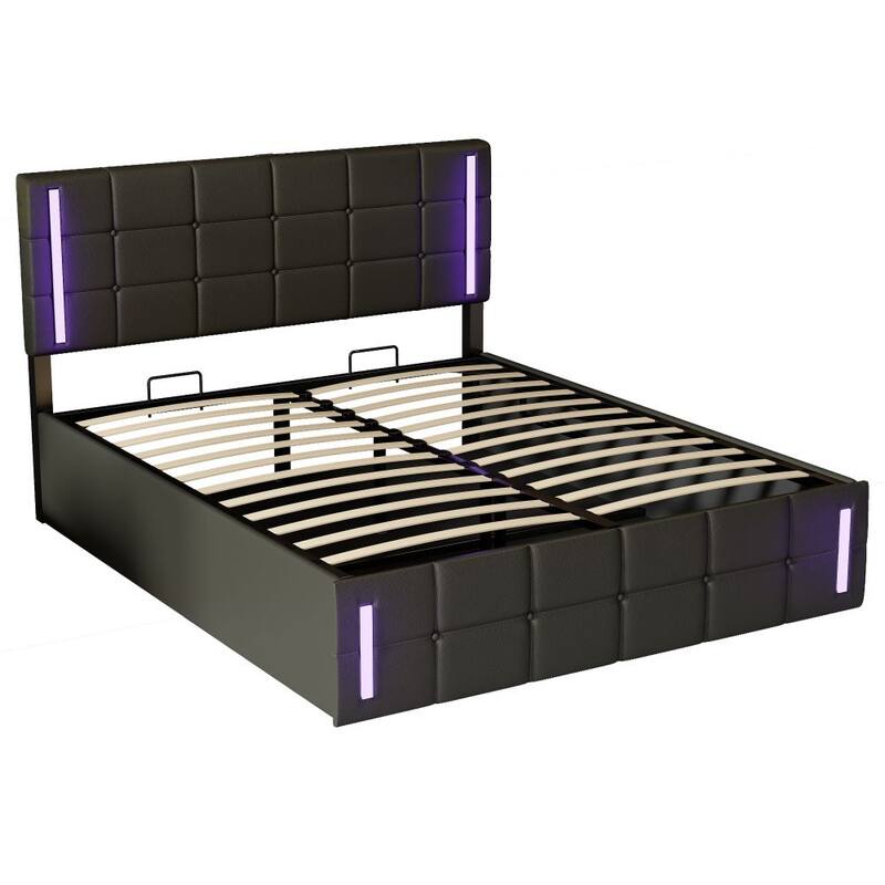 Queen Size Upholstered Bed with LED Lights,Hydraulic Storage System and USB Charging Station