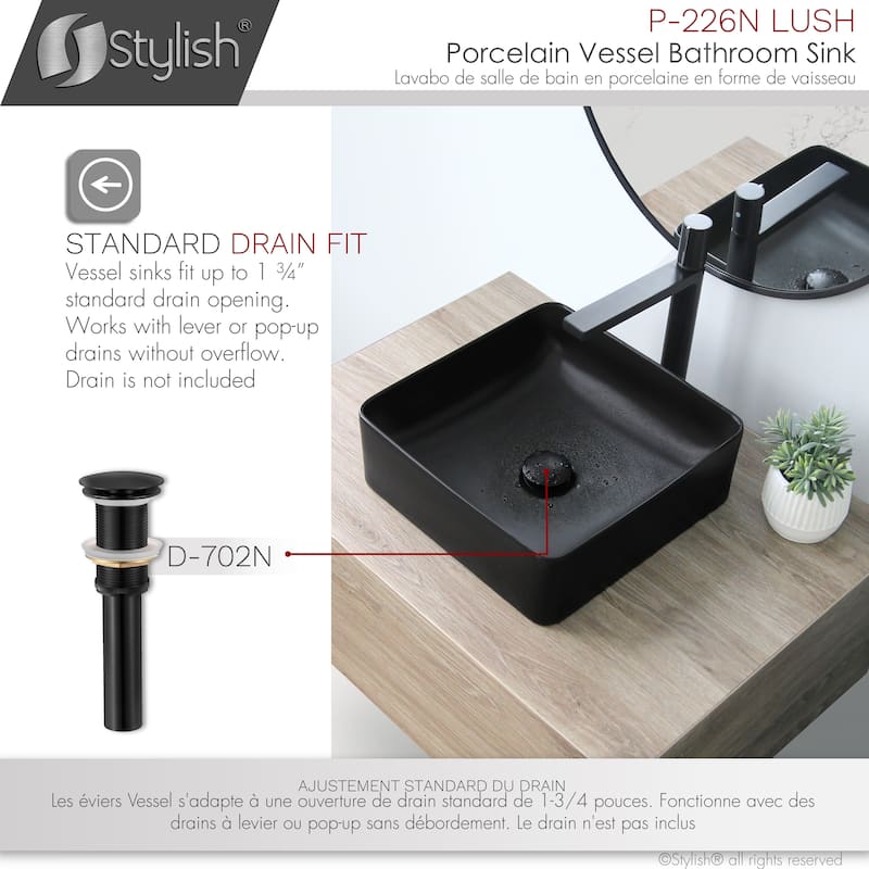 STYLISH 14 1/2 inch Square Porcelain Bathroom Sink - 14 1/2" x 14 1/2" x 5"