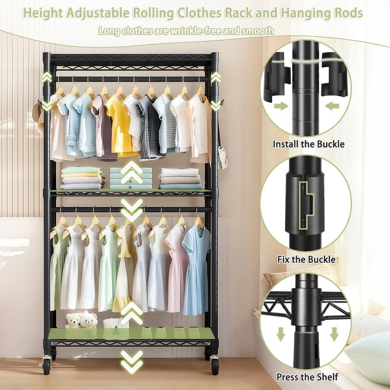 Modern Heavy Duty Coat Rack Rolling Clothes Rack with 3-Layer Dividers 2 Clothes Rods and Side Hooks, for Bedroom