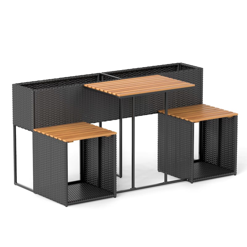 3-in-1 Raised Garden Bed Table Set with Chairs and Storage Rattan Patio Furniture Set - 59" × 27.5" × 29"
