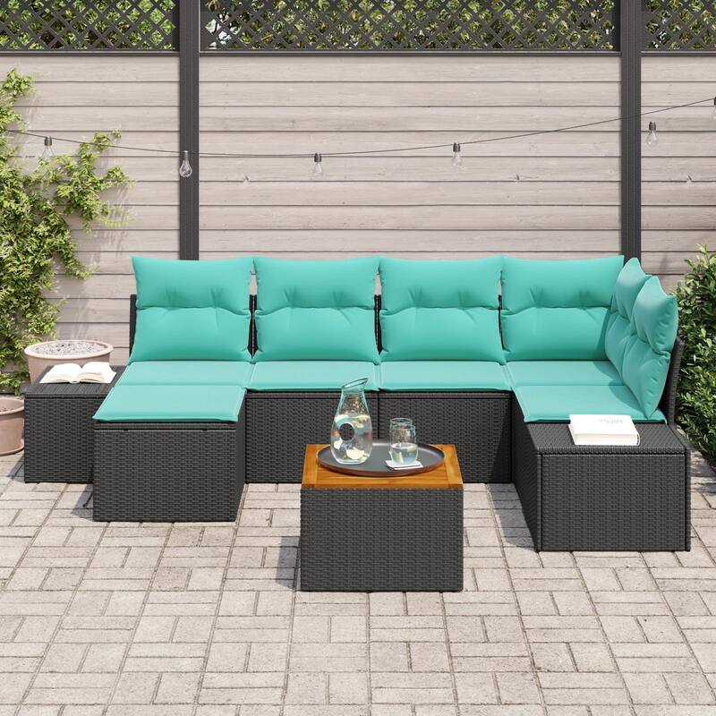 vidaXL 7 Garden Sofa Set with Cushions Black/Grey Poly Rattan - 103.9 x 60.6 x 27.2