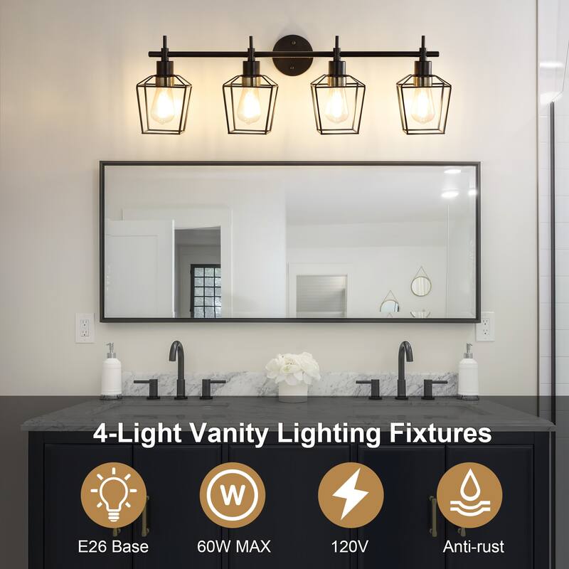 Vintage Matte Black Bathroom Vanity Light Farmhouse Wall Sconce with Cage