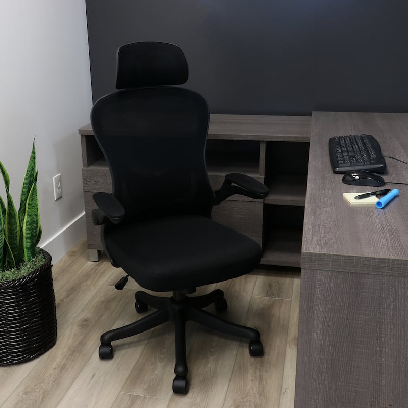 Elama High Back Adjustable Mesh and Fabric Office Chair in Black and Gray with Adjustable Head Rest