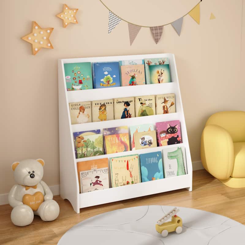 Anmytek 4-Tier Freestanding Kids Bookshelf with Slanted Front, White MDF Display Shelf for Bedroom Playroom Nursery Organization