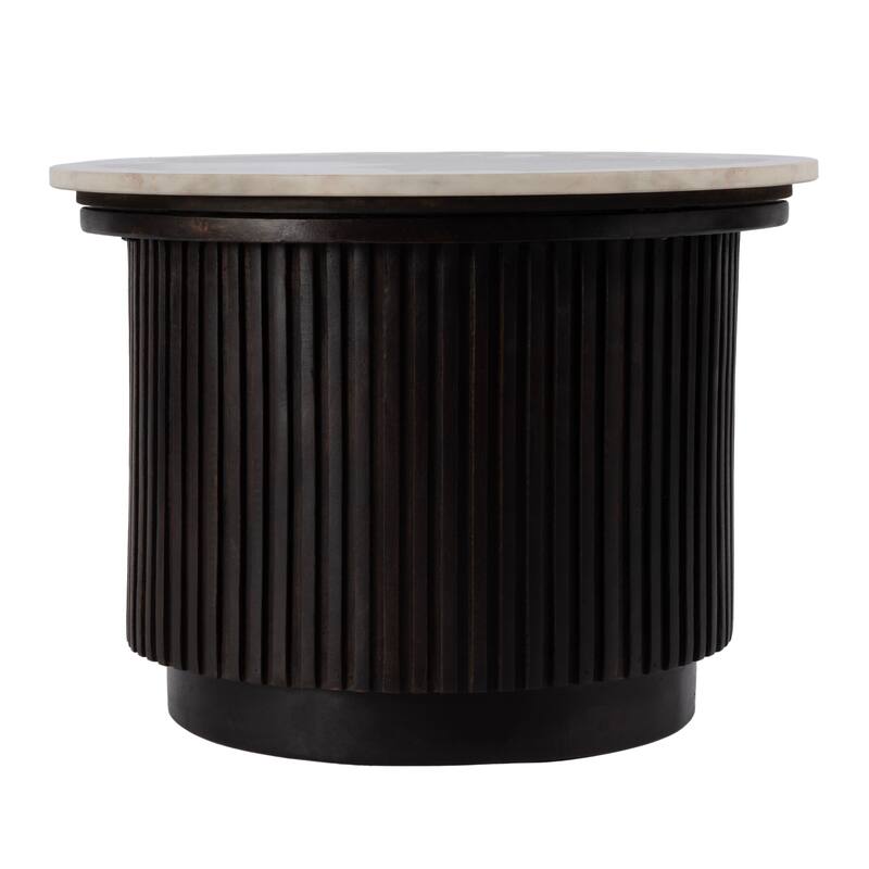 Georgia 22 in. W Round Wood and Marble Ribbed Side Table