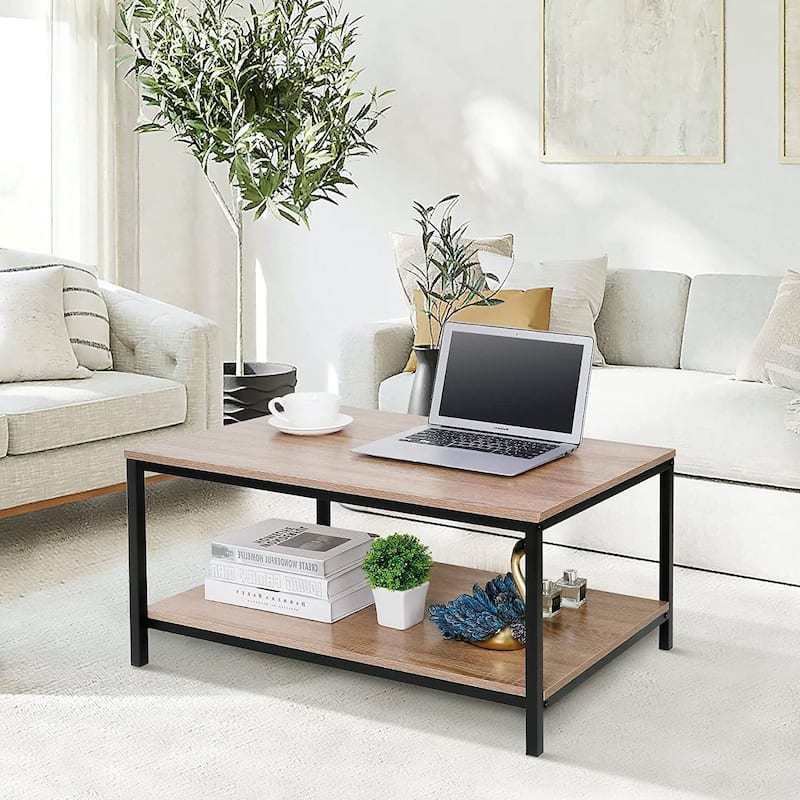 Modern 2-Tier Metal Wooden Coffee Table in Natural Wood Finish - 31.5” (L) x 20" (W) x 16.54" (H)