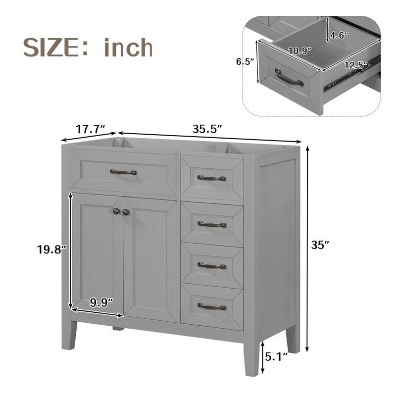 Modern 36 Inch Bathroom Vanity Base with 2 Cabinet Doors and 3 Drawers, Solid Wood Frame, Cabinet Only without Sink
