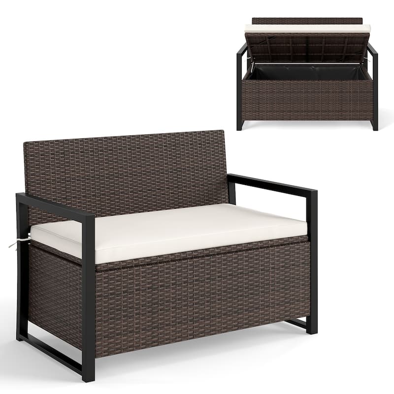 Patio Rattan Storage Bench with 40 Gallon Deck Box and Seat Cushion for Backyard or Garden - 24.5" x 46" x 33.5"