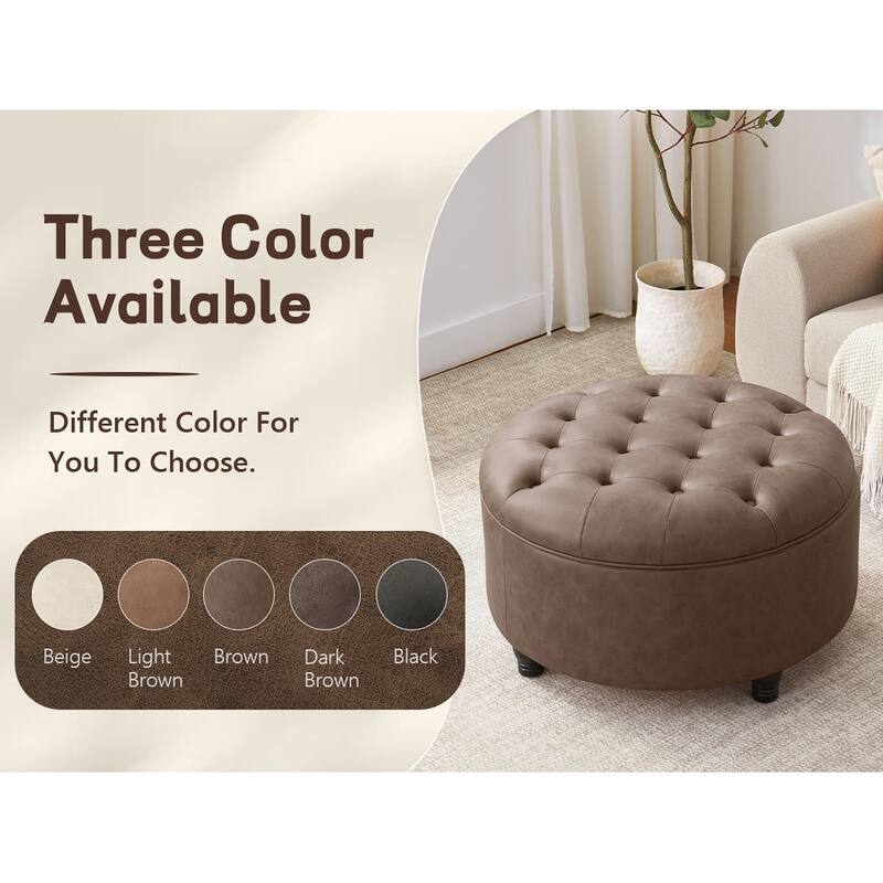 Tufted Round Storage Ottoman, Faux Leather