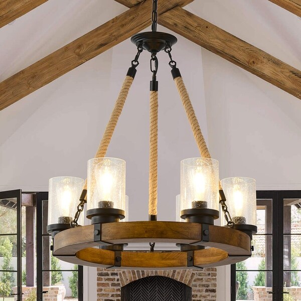 Rustic 6 Light Wagon Wheel Chandelier Round Wood Pendant Light 24.8 L x 24.8 W x 27.95 H
